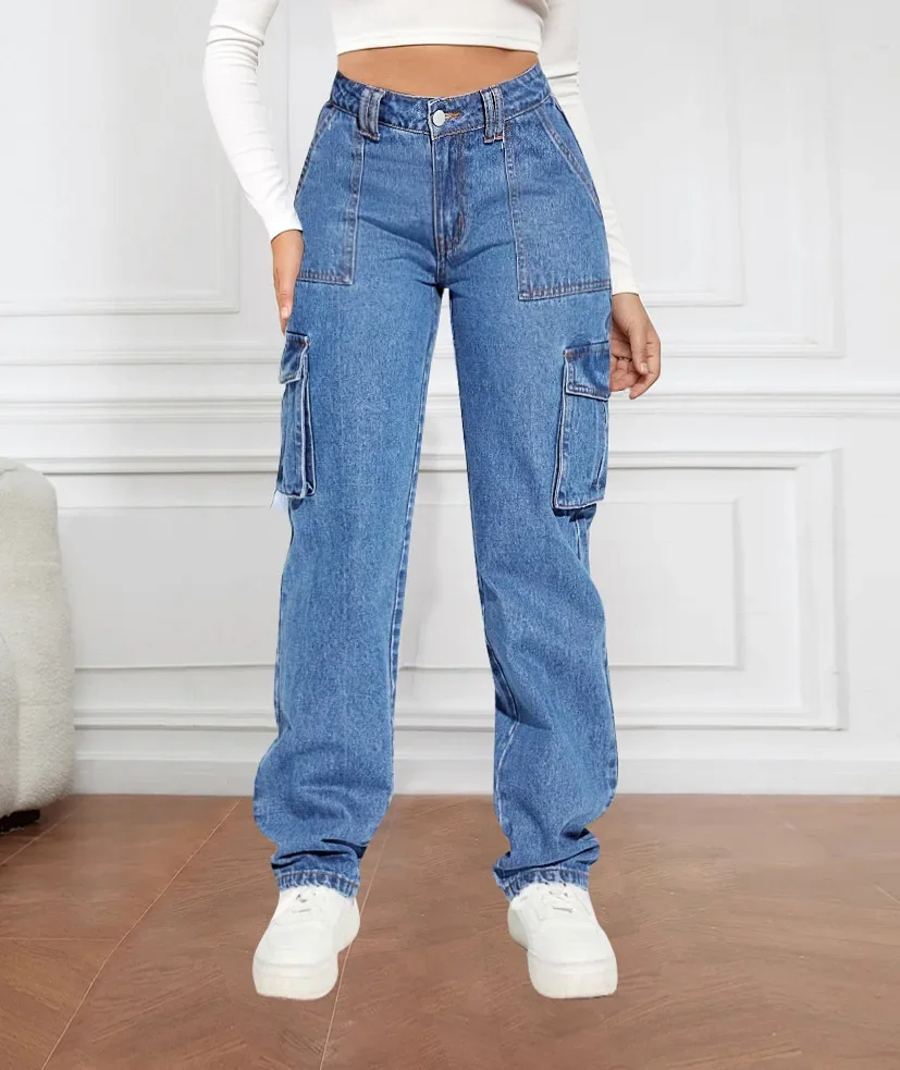 2024 New American Retro Workwear Denim Pants Women's Casual Straight Multi-Pocket Fashionable Mid-Waist Jeans