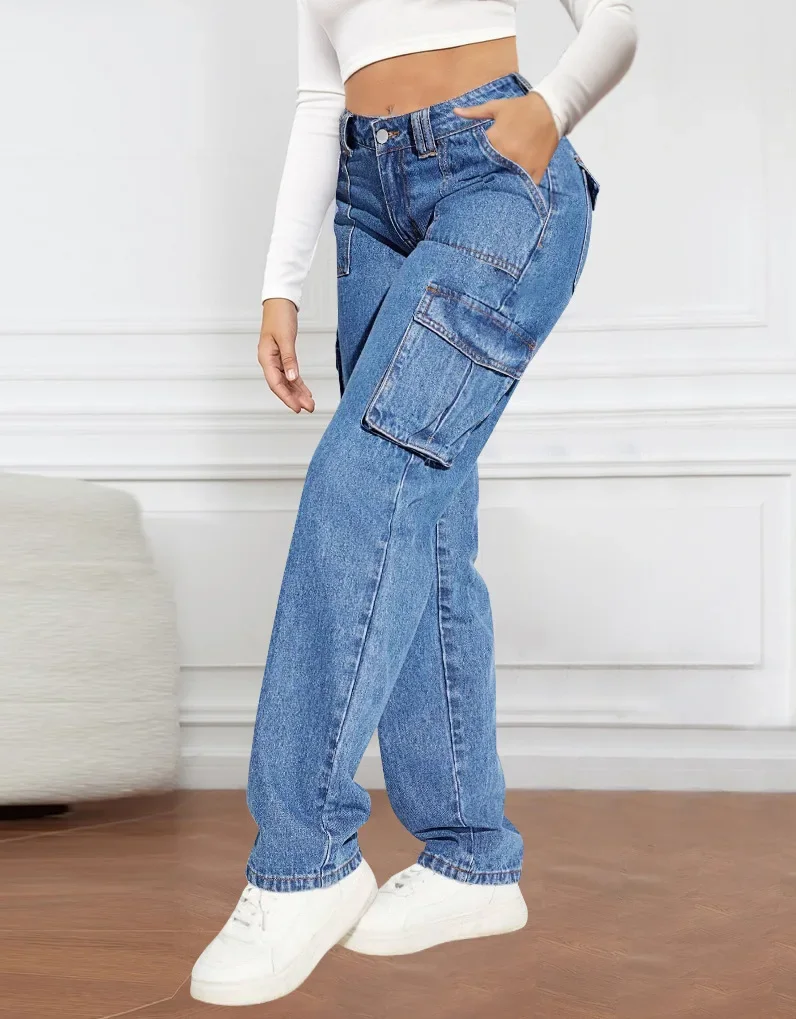 2024 New American Retro Workwear Denim Pants Women's Casual Straight Multi-Pocket Fashionable Mid-Waist Jeans