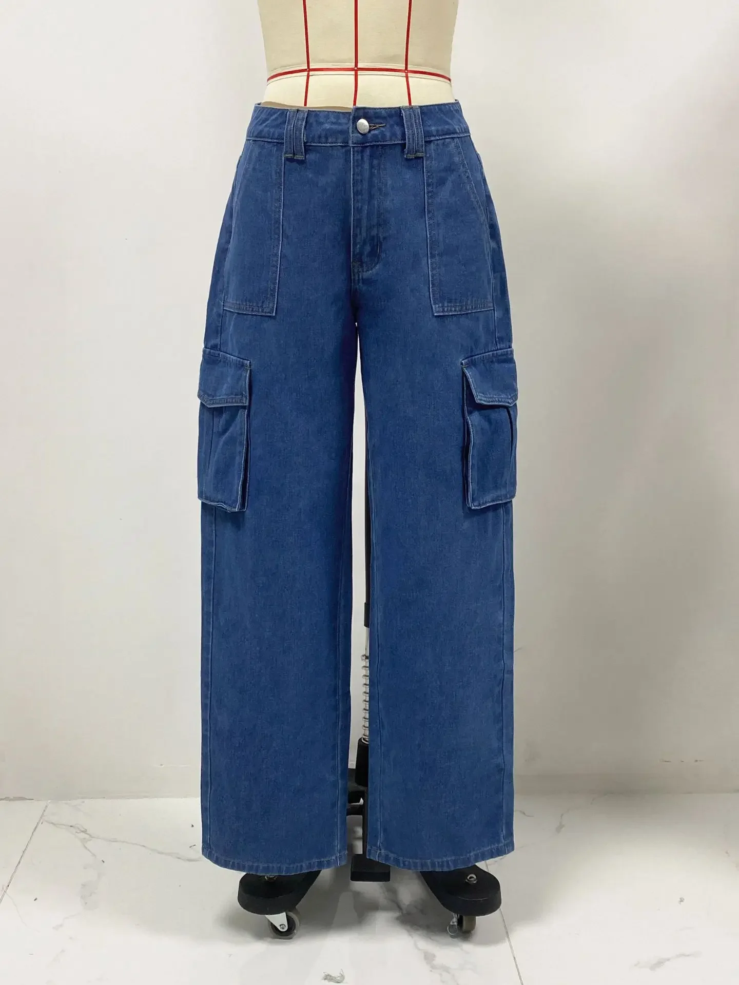 2024 New American Retro Workwear Denim Pants Women's Casual Straight Multi-Pocket Fashionable Mid-Waist Jeans