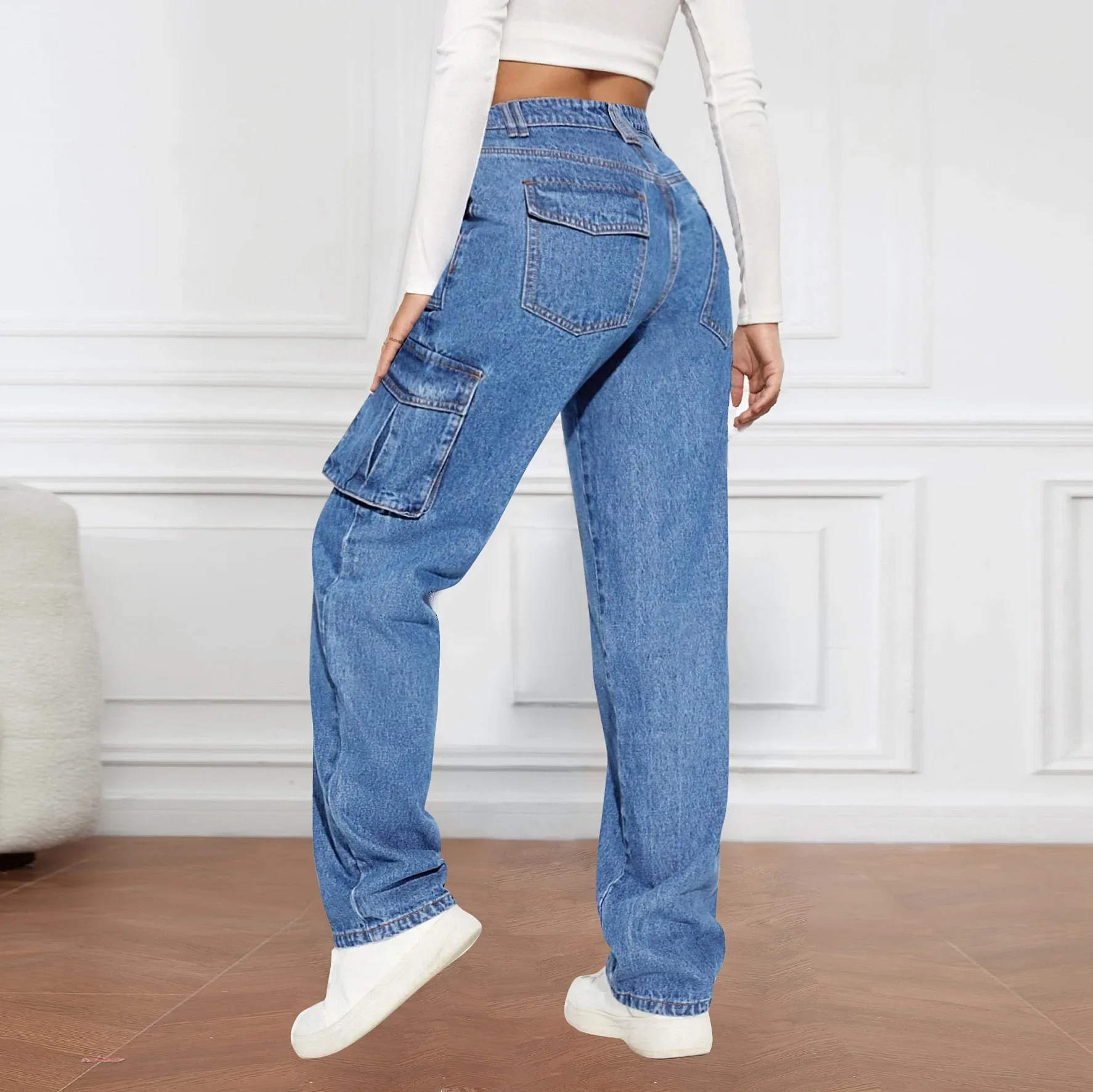 2024 New American Retro Workwear Denim Pants Women's Casual Straight Multi-Pocket Fashionable Mid-Waist Jeans