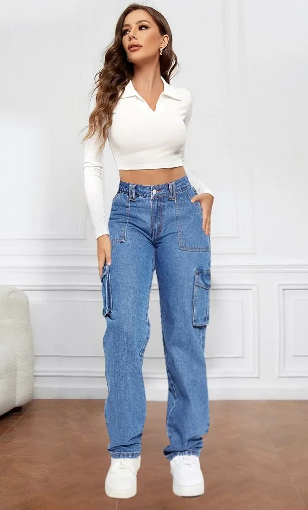 2024 New American Retro Workwear Denim Pants Women's Casual Straight Multi-Pocket Fashionable Mid-Waist Jeans