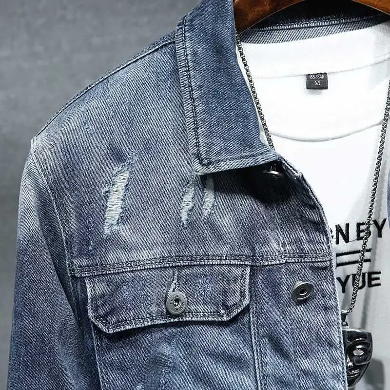 Male Jean Coats Blue Ripped Men's Denim Jacket Wide Shoulders with Hole Menswear Clothing Cheap Price Stylish Fashion of Fabric