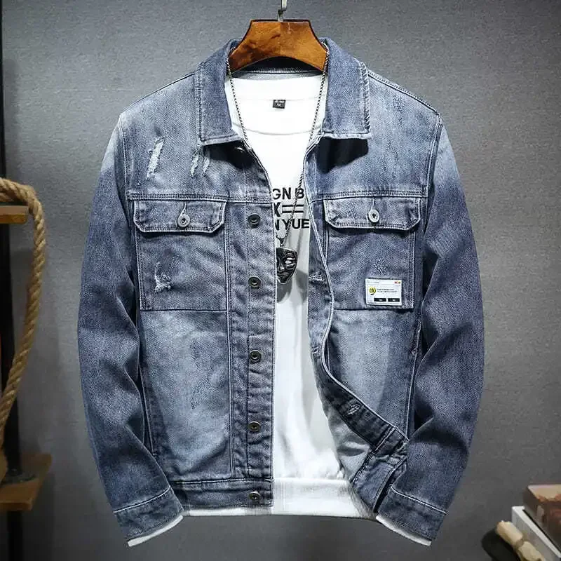 Male Jean Coats Blue Ripped Men's Denim Jacket Wide Shoulders with Hole Menswear Clothing Cheap Price Stylish Fashion of Fabric Male Jean Coats Blue Ripped Men's Denim Jacket Wide Shoulders with Hole Menswear Clothing Cheap Price Stylish Fashion of Fabric