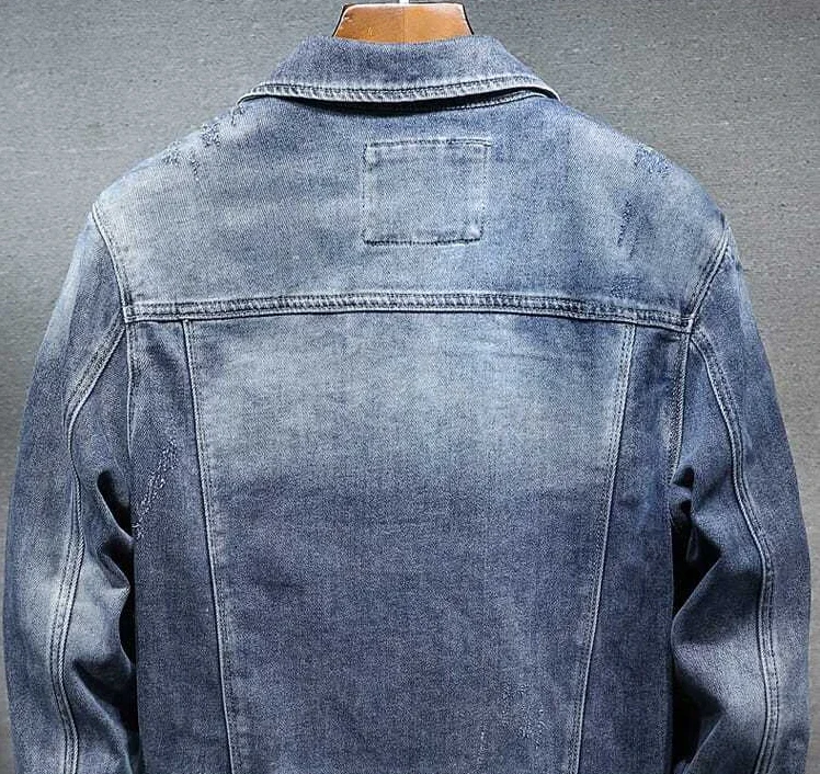 Male Jean Coats Blue Ripped Men's Denim Jacket Wide Shoulders with Hole Menswear Clothing Cheap Price Stylish Fashion of Fabric Male Jean Coats Blue Ripped Men's Denim Jacket Wide Shoulders with Hole Menswear Clothing Cheap Price Stylish Fashion of Fabric