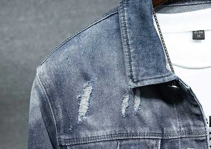 Male Jean Coats Blue Ripped Men's Denim Jacket Wide Shoulders with Hole Menswear Clothing Cheap Price Stylish Fashion of Fabric Male Jean Coats Blue Ripped Men's Denim Jacket Wide Shoulders with Hole Menswear Clothing Cheap Price Stylish Fashion of Fabric