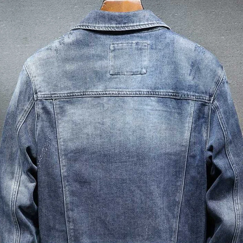 Male Jean Coats Blue Ripped Men's Denim Jacket Wide Shoulders with Hole Menswear Clothing Cheap Price Stylish Fashion of Fabric