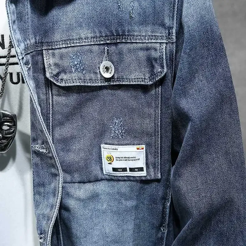 Male Jean Coats Blue Ripped Men's Denim Jacket Wide Shoulders with Hole Menswear Clothing Cheap Price Stylish Fashion of Fabric