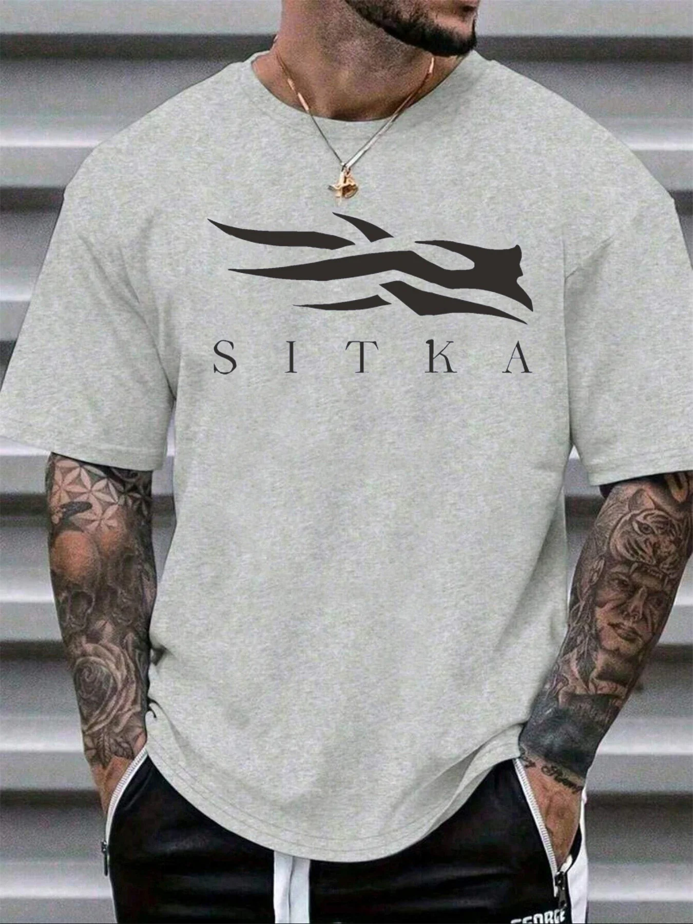 Men's summer 100 cotton fashionable casual sports loose SITKA letter pattern printed round neck short sleeved T-shirt top
