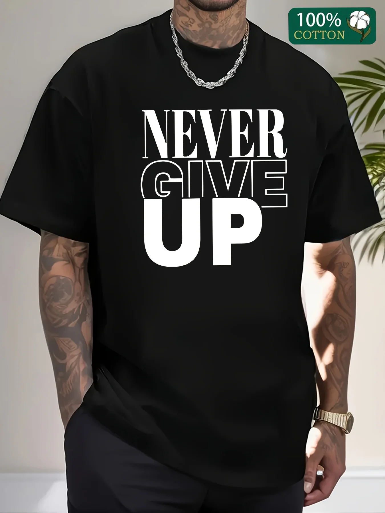 Men's summer 100 cotton fashionable casual sports loose Never give up letter printed round neck short sleeved T-shirt top