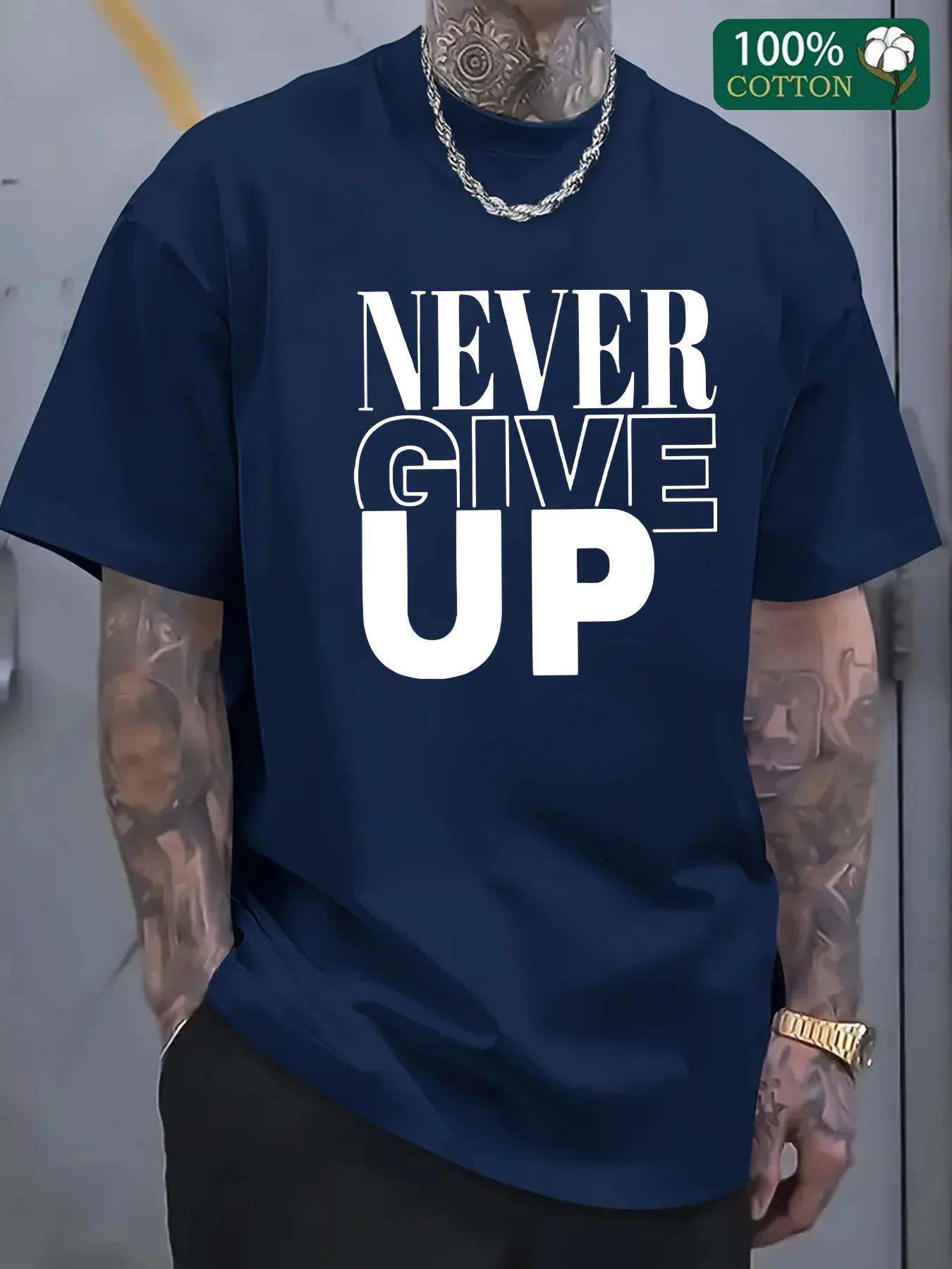 Men's summer 100 cotton fashionable casual sports loose Never give up letter printed round neck short sleeved T-shirt top
