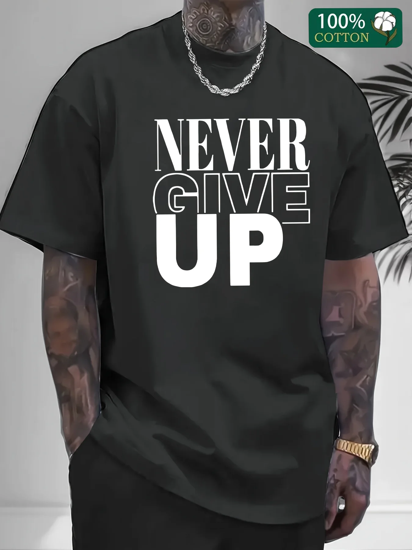 Men's summer 100 cotton fashionable casual sports loose Never give up letter printed round neck short sleeved T-shirt top