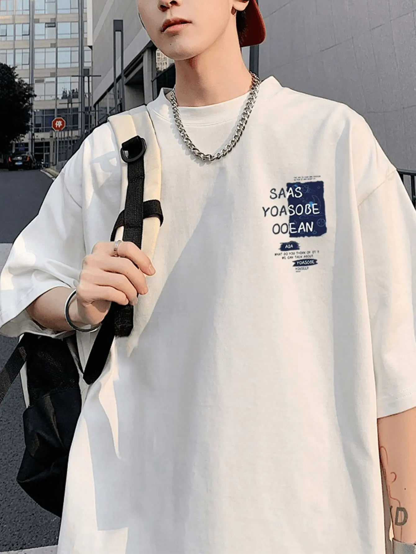 Men's summer 100 cotton fashionable casual sports loose plus size trendy letter printed round neck short sleeved T-shirt top