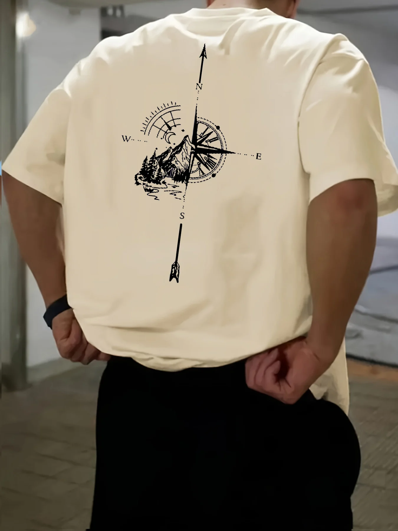 Men's summer 100 cotton fashionable casual sports loose compass mountain pattern back printed round neck short sleeved T-shirt