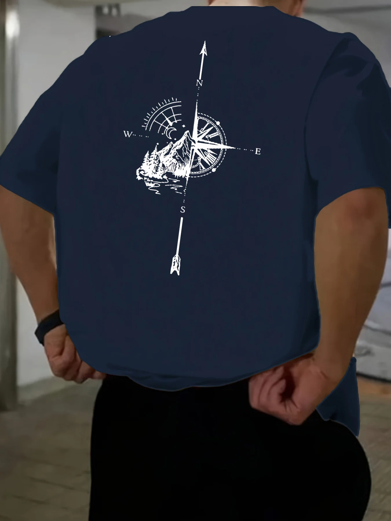 Men's summer 100 cotton fashionable casual sports loose compass mountain pattern back printed round neck short sleeved T-shirt