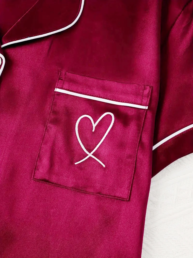 Women's Pajamas Lounge Set Heart Embroidered Pocket Patched Sleepwear Button Down Short Sleeve Top & Shorts Pyjama Home Clothing