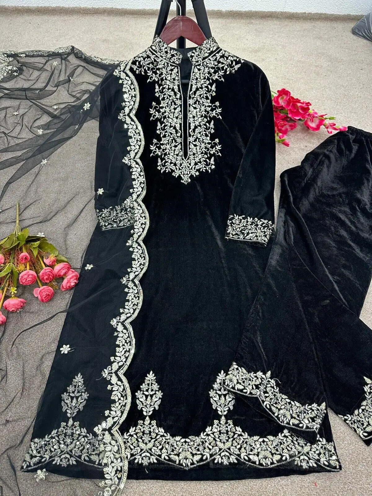 Salwar Kameez Set Black Embroidered Sharara Ethnic Traditional Clothing Elegant Round Neck Long Sleeved