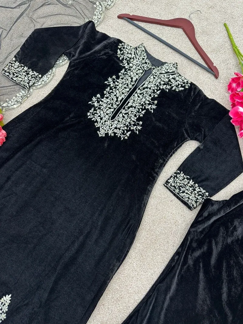 Salwar Kameez Set Black Embroidered Sharara Ethnic Traditional Clothing Elegant Round Neck Long Sleeved