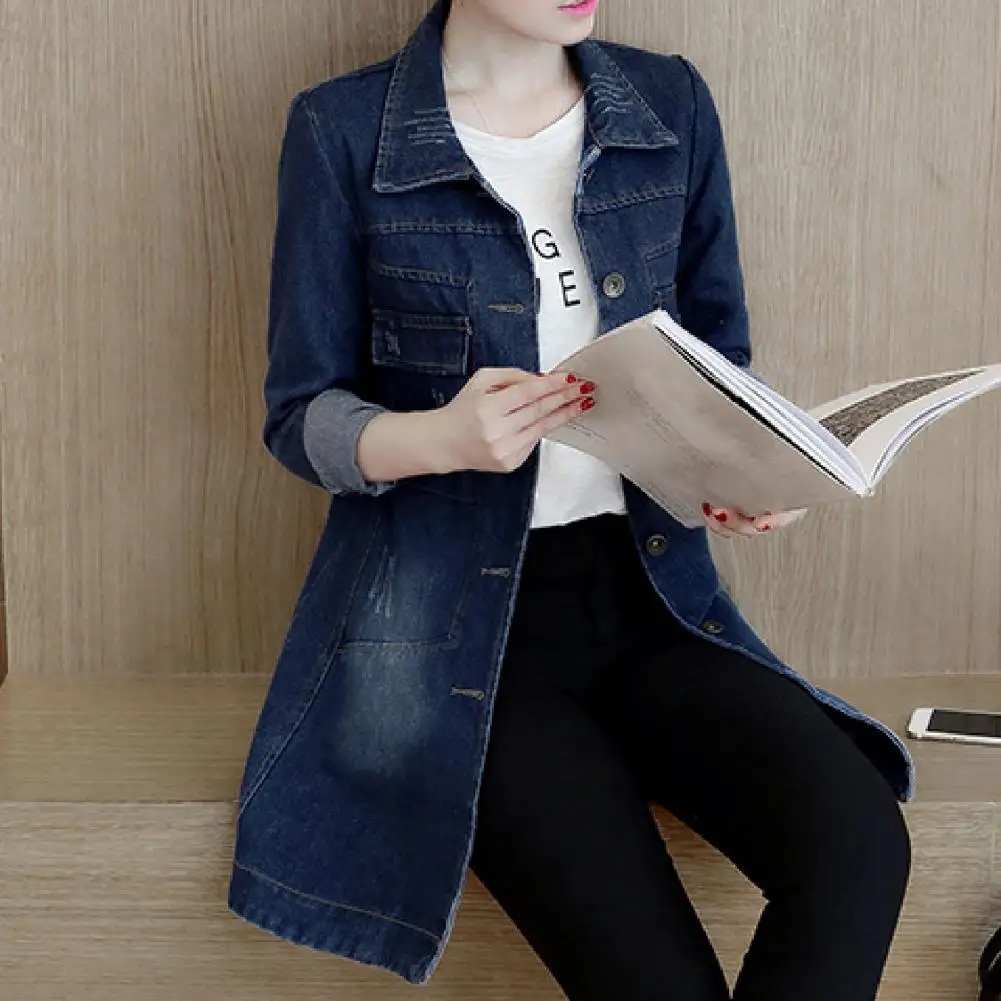 Fashion Single Breasted Long Denim Jacket Shrink Resistant Women Jacket Irregular Hem Long Women Jacket for Vacation