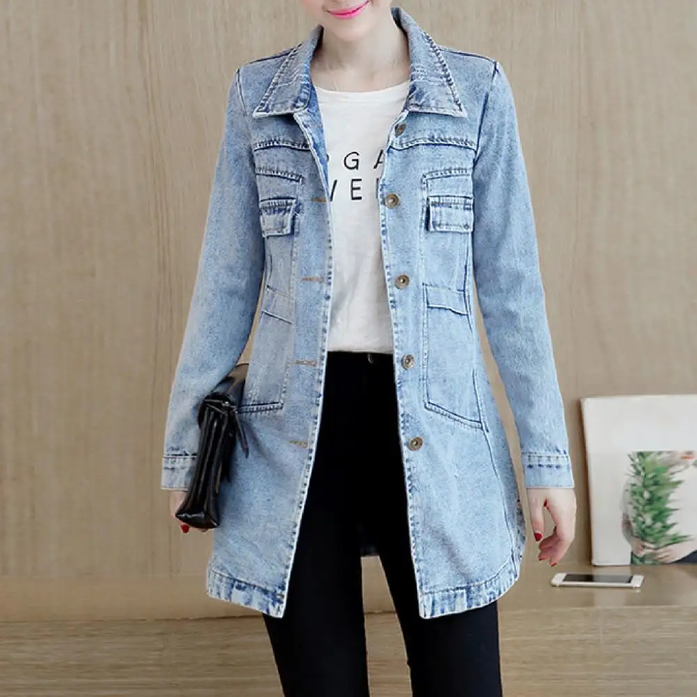 Fashion Single Breasted Long Denim Jacket Shrink Resistant Women Jacket Irregular Hem Long Women Jacket for Vacation