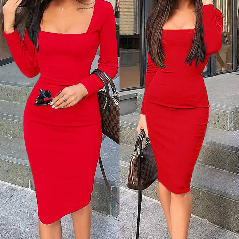 Elegant Womens Cold Shoulder Sexy Chic Red Cocktail Party Slim Fit Dresses Square Collar Long Sleeve Design Bodycon Midi Dress Elegant Womens Cold Shoulder Sexy Chic Red Cocktail Party Slim Fit Dresses Square Collar Long Sleeve Design Bodycon Midi Dress
