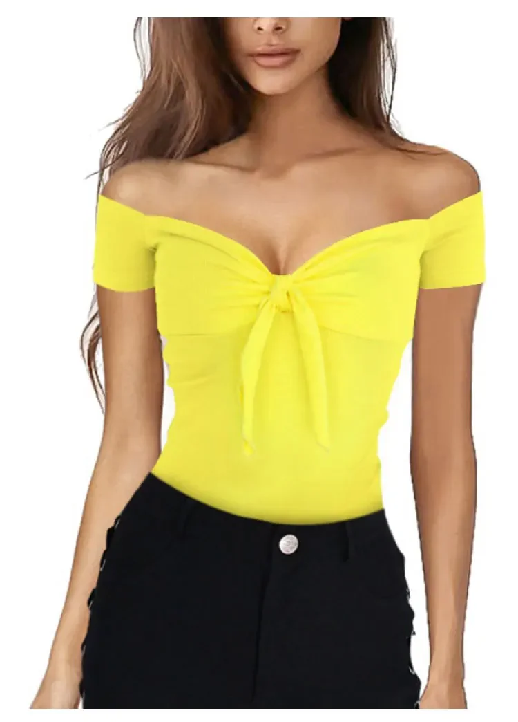 2024 euro-n spring and summer lady pure color V-neck elegant beach party slim T-shirt