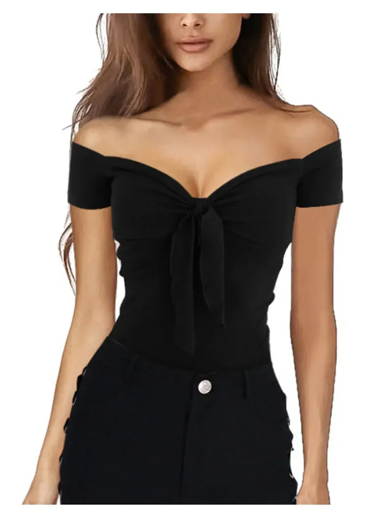 2024 euro-n spring and summer lady pure color V-neck elegant beach party slim T-shirt