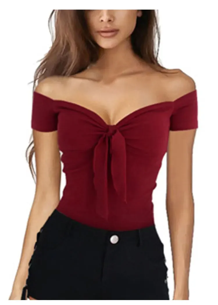 2024 euro-n spring and summer lady pure color V-neck elegant beach party slim T-shirt 2024 euro-n spring and summer lady pure color V-neck elegant beach party slim T-shirt
