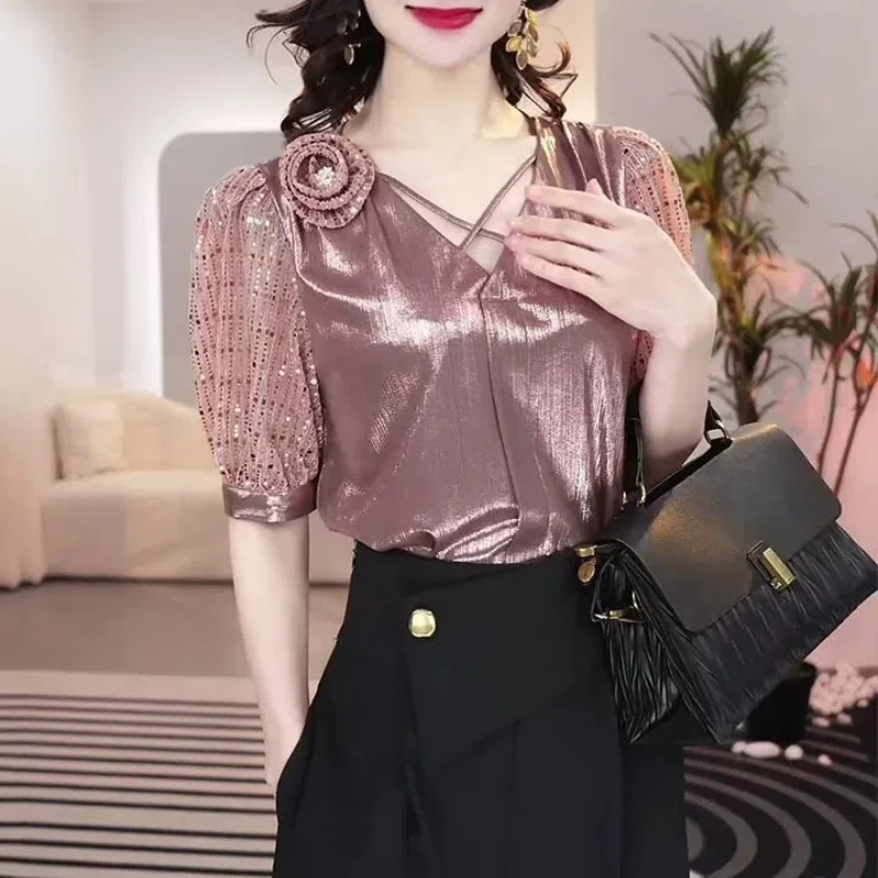 Fashion Chic 2024 Summer New V-neck Solid Color Shirts Women's Slim Patchwork Sequined Tie Flowers Short Sleeve Pullover Blouses