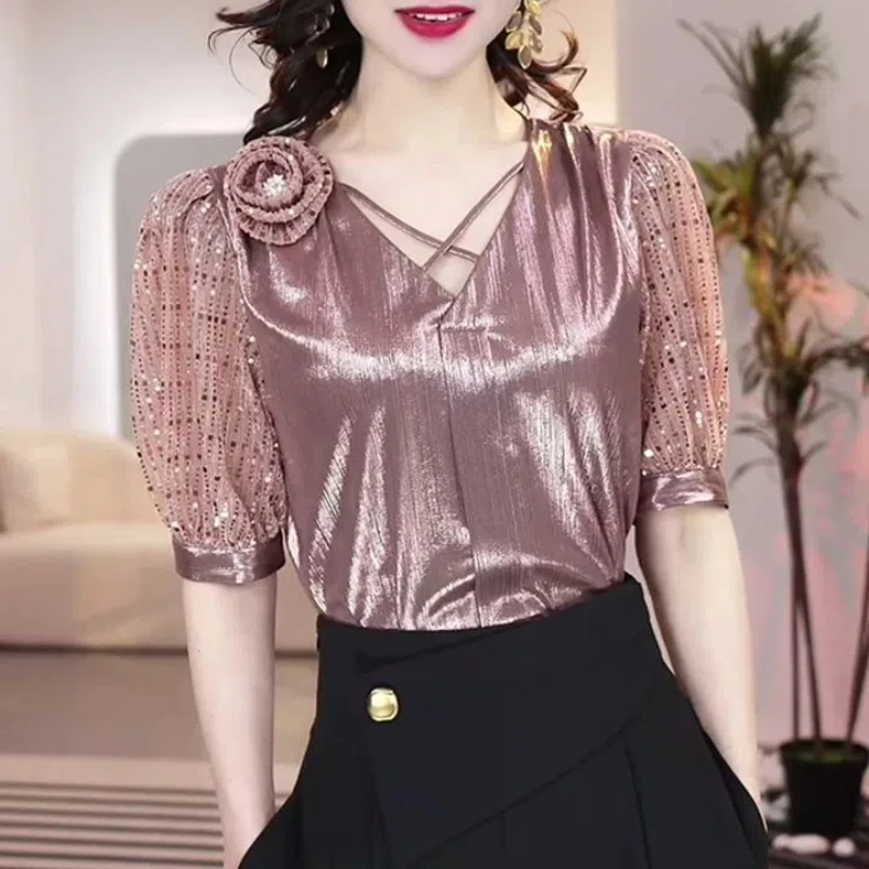 Fashion Chic 2024 Summer New V-neck Solid Color Shirts Women's Slim Patchwork Sequined Tie Flowers Short Sleeve Pullover Blouses