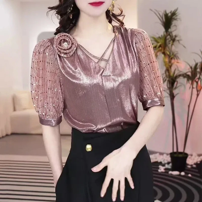Fashion Chic 2024 Summer New V-neck Solid Color Shirts Women's Slim Patchwork Sequined Tie Flowers Short Sleeve Pullover Blouses