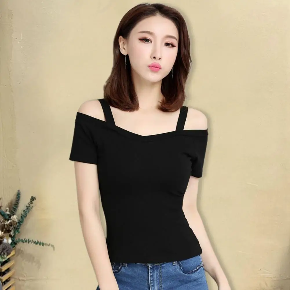 Women T-shirt Off Shoulder Sling Short Sleeve Casual Top Solid Color Backless Pullover Top Elastic Dressing Up Summer Shirt