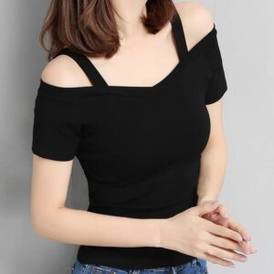 Women T-shirt Off Shoulder Sling Short Sleeve Casual Top Solid Color Backless Pullover Top Elastic Dressing Up Summer Shirt