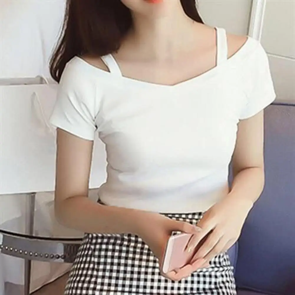 Women T-shirt Off Shoulder Sling Short Sleeve Casual Top Solid Color Backless Pullover Top Elastic Dressing Up Summer Shirt
