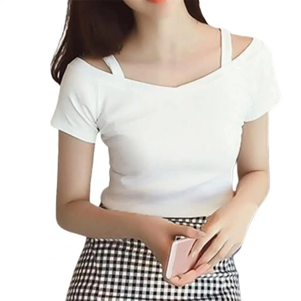 Women T-shirt Off Shoulder Sling Short Sleeve Casual Top Solid Color Backless Pullover Top Elastic Dressing Up Summer Shirt