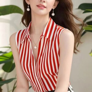British Polo Collar Sleeveless Chiffon Blouse Red Striped Temperament Women V-neck Elegant Shirts Slim Fit Summer Niche Clothes