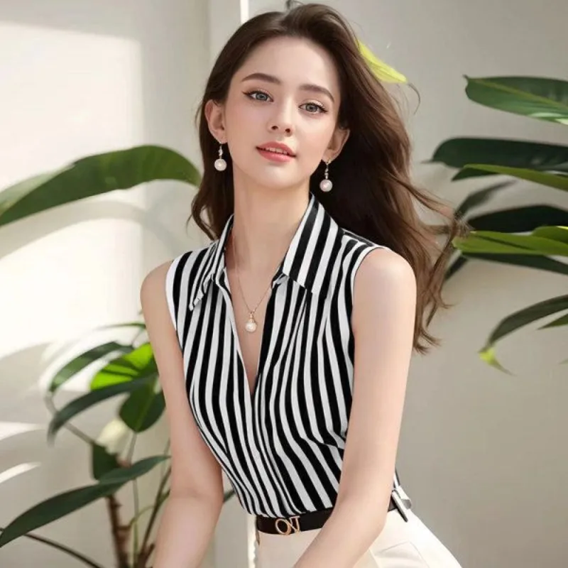 British Polo Collar Sleeveless Chiffon Blouse Red Striped Temperament Women V-neck Elegant Shirts Slim Fit Summer Niche Clothes British Polo Collar Sleeveless Chiffon Blouse Red Striped Temperament Women V-neck Elegant Shirts Slim Fit Summer Niche Clothes