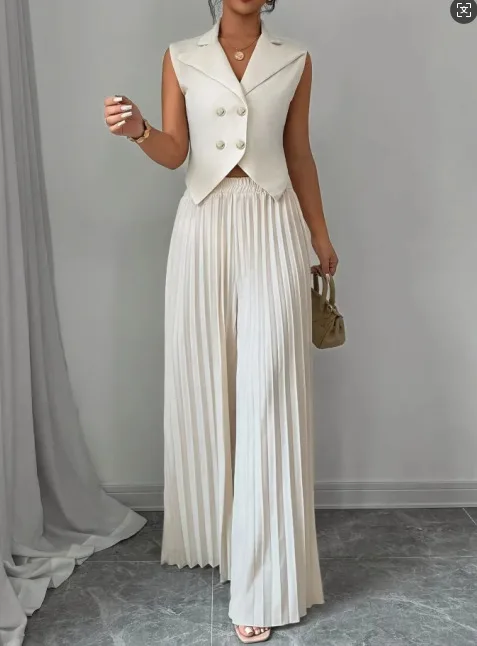 Women Fashion Solid Office Suit Casual Slim Button Two Piece Set Elegant Turn Down Collar Sleeveless Blazer&Pleat Pants Outfits