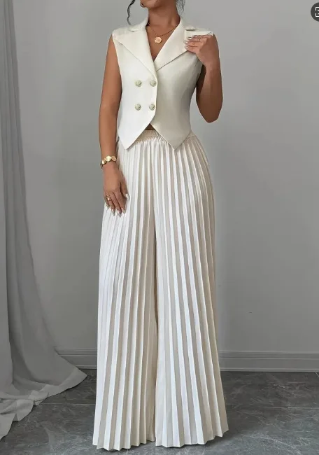 Women Fashion Solid Office Suit Casual Slim Button Two Piece Set Elegant Turn Down Collar Sleeveless Blazer&Pleat Pants Outfits