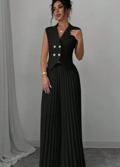 Women Fashion Solid Office Suit Casual Slim Button Two Piece Set Elegant Turn Down Collar Sleeveless Blazer&Pleat Pants Outfits