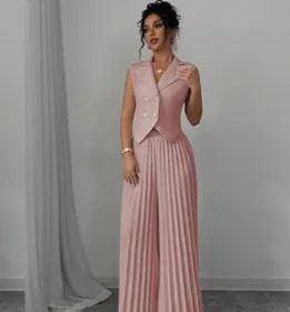 Women Fashion Solid Office Suit Casual Slim Button Two Piece Set Elegant Turn Down Collar Sleeveless Blazer&Pleat Pants Outfits