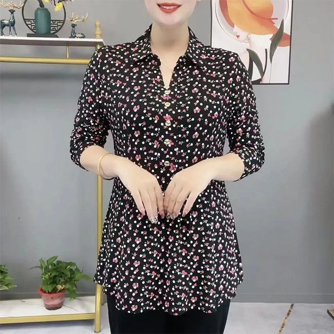 Autumn Polo-Neck Floral Vintage Woman Blouses Thin Fashion Elegant Button Long Sleeve Printed Pullovers Shirt Women's Clothing