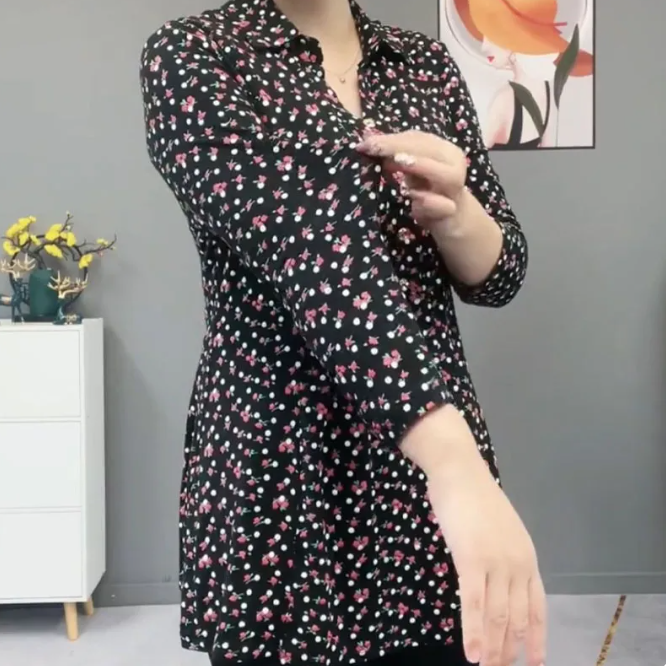 Autumn Polo-Neck Floral Vintage Woman Blouses Thin Fashion Elegant Button Long Sleeve Printed Pullovers Shirt Women's Clothing