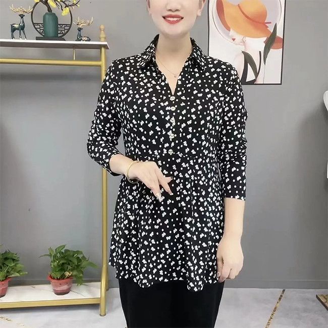 Autumn Polo-Neck Floral Vintage Woman Blouses Thin Fashion Elegant Button Long Sleeve Printed Pullovers Shirt Women's Clothing
