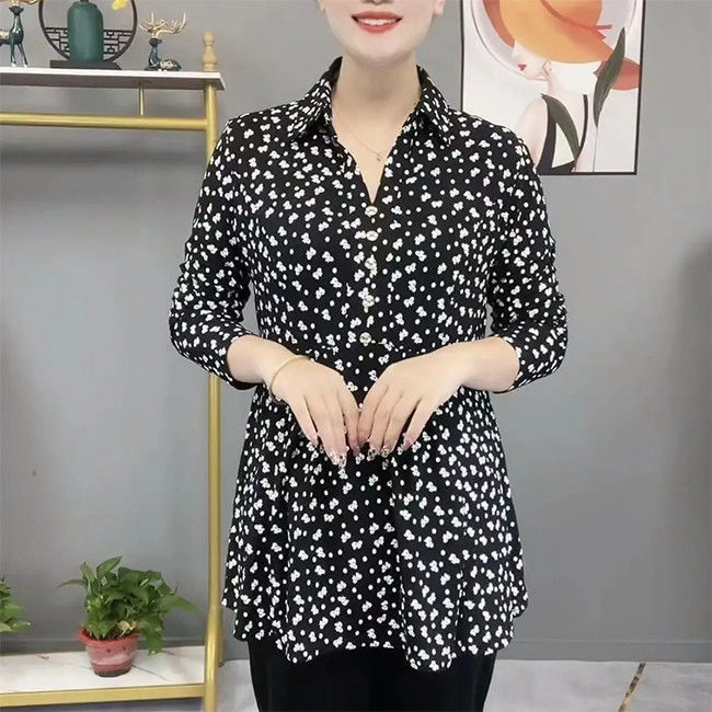 Autumn Polo-Neck Floral Vintage Woman Blouses Thin Fashion Elegant Button Long Sleeve Printed Pullovers Shirt Women's Clothing