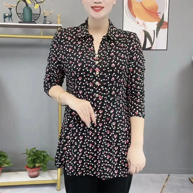 Autumn Polo-Neck Floral Vintage Woman Blouses Thin Fashion Elegant Button Long Sleeve Printed Pullovers Shirt Women's Clothing