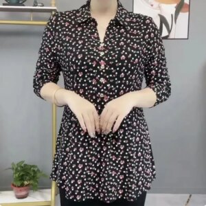 Autumn Polo-Neck Floral Vintage Woman Blouses Thin Fashion Elegant Button Long Sleeve Printed Pullovers Shirt Women's Clothing