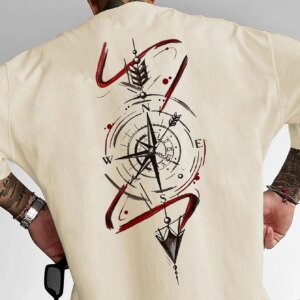 Compass Pattern Printed T-shirt Men Summer Sweat-absorbing Breathable Comfortable Top Outdoor Short Sleeve Trendy Men's Clothing