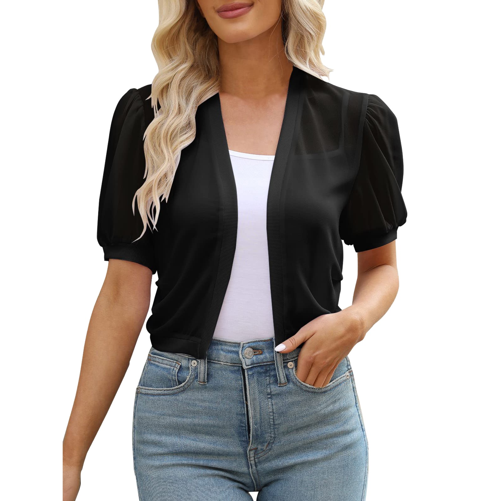 New Summer Women Short Sleeve Chiffon Cardigan Puff Sleeve Solid Color Sheer Crop Jacket Ladies Sunscreen Tops for Women