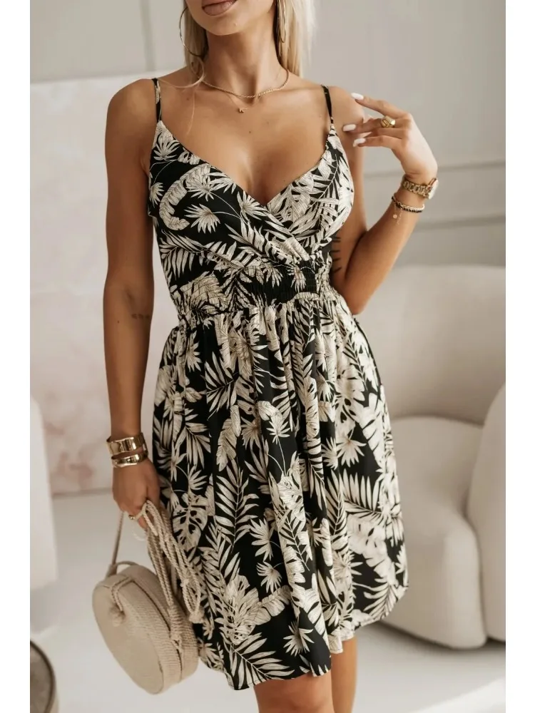 New Fashion Women's Summer Wrap Pleated Dresses Ladies Floral Print Sexy Spaghetti Strap Sling DressBeach Dress A Line Sundress