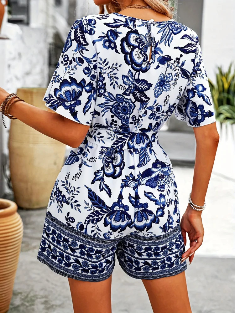 Women's V Neck Short Sleeve Jumpsuit Plant Print Summer Casual Comfortable Daily Wear for Picnic Parties Outings
